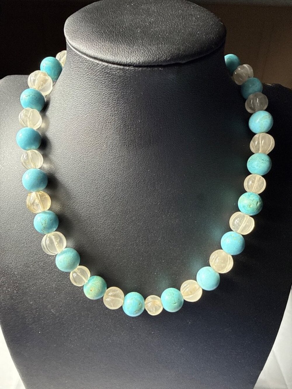 Dyed Blue Quartz & Golden Rutilated Quartz Beaded Statement Necklace Boho